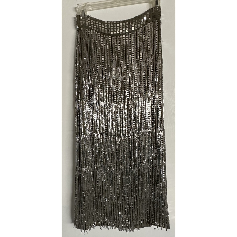 ASOS Design Beaded Fringe Midi Skirt Green W/Sliver Beads & Sequins Size‎ 4